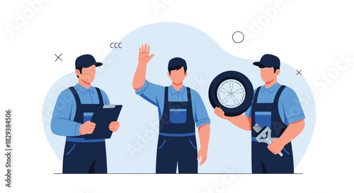 Three auto mechanics in uniform stand together with a clipboard, a tire and a wrench.