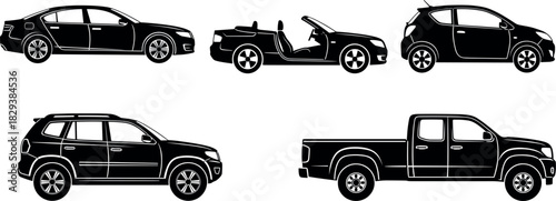 Car silhouette vector set with sedan, convertible, hatchback, SUV and pickup truck black automotive icons