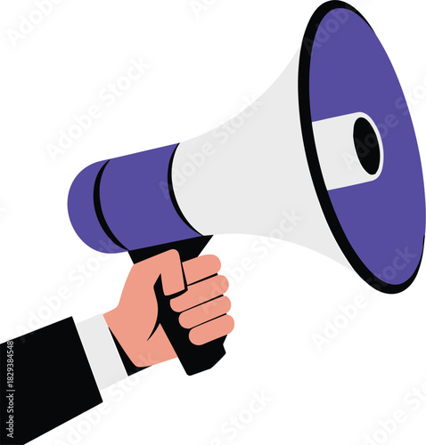 Hand in suit holding a purple and white megaphone bullhorn speaker
