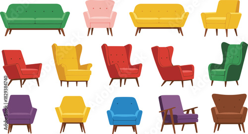 Mega Colorful Living Room Furniture Vector Set Featuring Sofas, Wingback Chairs, and Modern Accent Seating Styles for Interior Design and Home Decor.