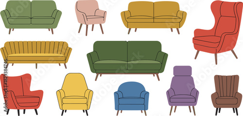 Colorful Living Room Furniture Vector Collection Featuring Sofas, Wingback Chairs, and Mid-Century Modern Accent Seating for Home Interior Design.
