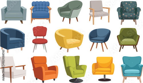 Mega Colorful Armchair Vector Set Featuring Mid-Century Modern, Tufted, Floral Pattern, and Swivel Accent Chairs for Home Interior Design Furniture Collection.