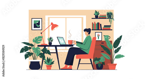 A person working on a laptop at a desk in a bright, plant-filled room.