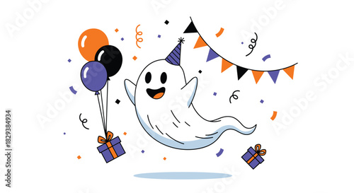 A happy ghost wearing a party hat floats with balloons, gifts, and confetti during a Halloween celebration.