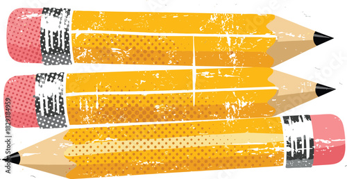 Retro Halftone Pencils Grunge Vector Design Element with Distressed Dot Overlay