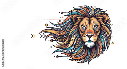 Tribal lion head with colorful patterned mane and geometric accents on white background.