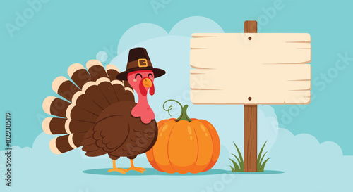 A cartoon turkey wearing a pilgrim hat stands next to a pumpkin by a wooden sign.