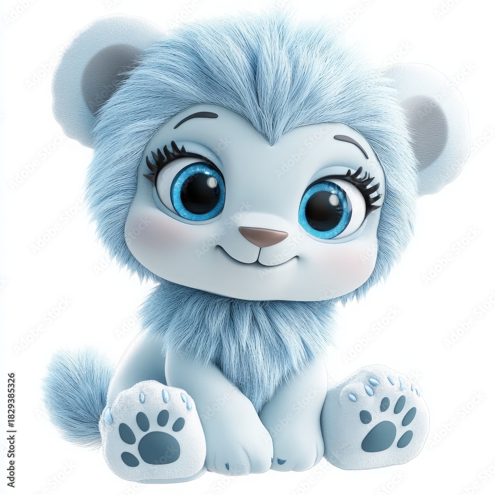 Obraz premium Adorable blue cartoon lion cub with big blue eyes, perfect for children's books, playful designs, and charming digital art projects, a darling whimsical friend