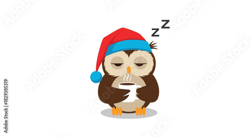 Tired cartoon owl wearing a sleeping cap and holding a mug of hot drink.