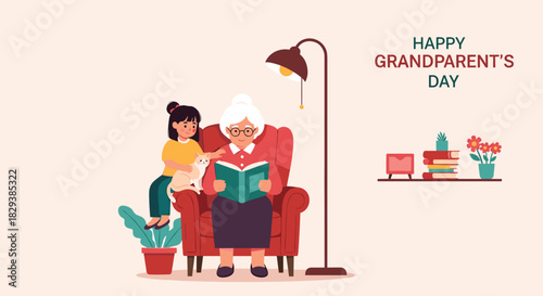 Grandmother reading a book to her granddaughter and cat in a cozy armchair with a lamp.