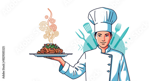 Chef presenting a delicious dish with steam rising, symbolizing culinary excellence and gourmet food.