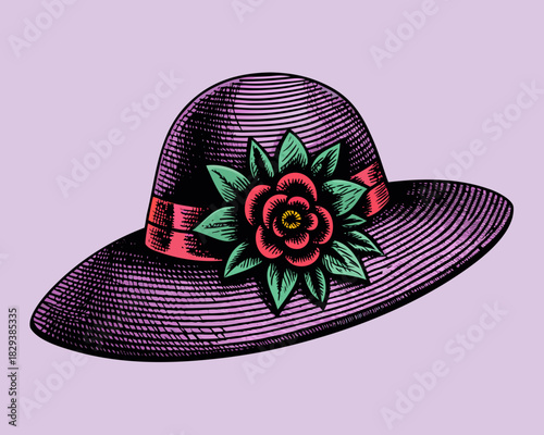 Vintage purple wide brim hat with a red rose and green leaves