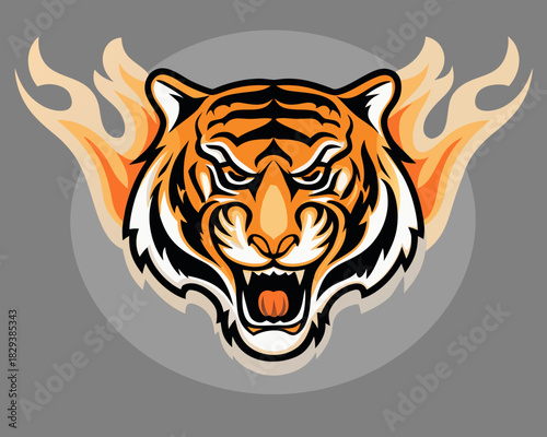 Fierce tiger head with flames illustration