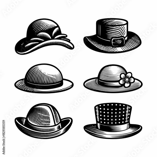 Collection of six vintage style hats in black and white engraving style