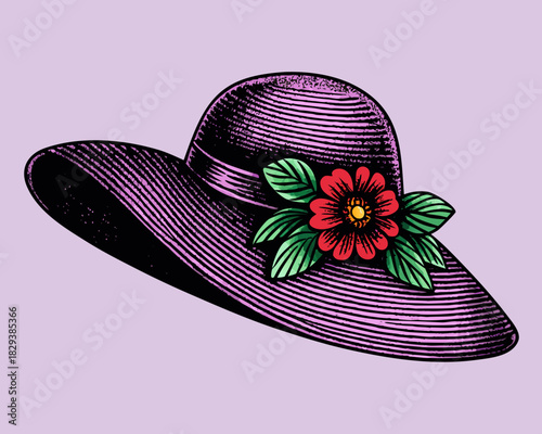 Vintage purple wide brim hat adorned with a red flower and green leaves