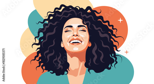 Joyful woman with curly dark hair laughing with eyes closed, against colorful abstract circles.