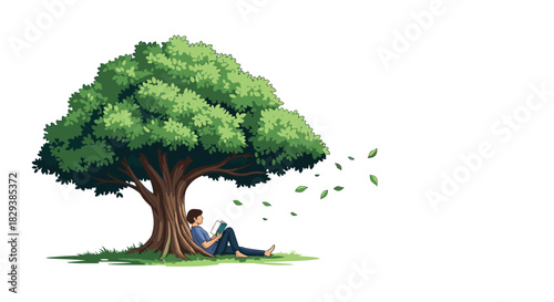 A young person sits under a large leafy tree reading a book, with leaves blowing in the wind.