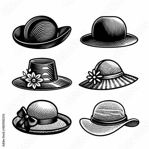 Collection of vintage style women s hats in black and white engraving style
