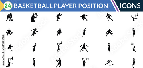 Basketball player silhouette icon set. Including Dribbling Player, Slam Dunk, Jump Shot, Defensive Stance, Running with Ball, Chest Pass, Layup, Rebounding. Vector silhouette illustration.