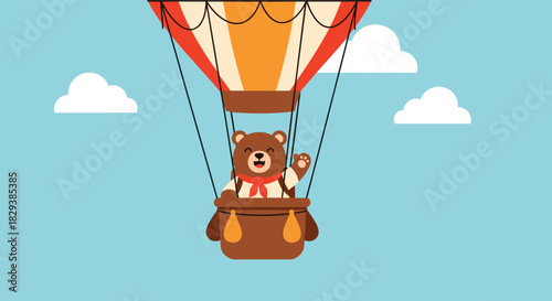 A happy cartoon bear waves from the basket of a hot air balloon, floating in a blue sky with clouds.
