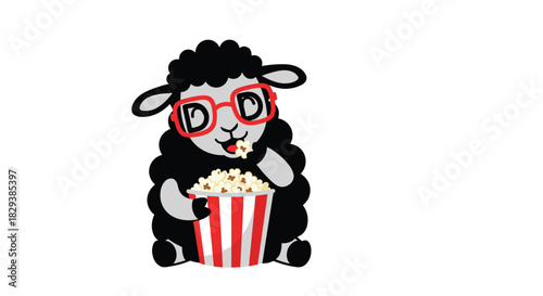 A cute cartoon black sheep wearing red glasses eats popcorn from a striped bucket.