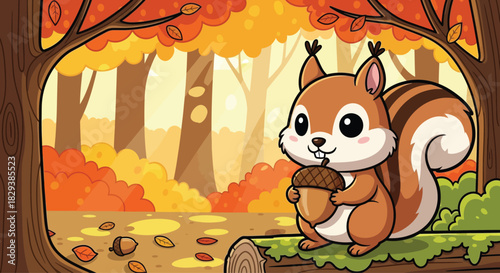 Cute cartoon squirrel character holding a large acorn.