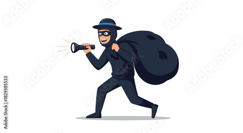 Cartoon burglar in dark clothing, wearing a hat and mask, carrying a large sack and a flashlight.