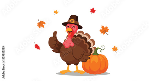 Cartoon turkey wearing a pilgrim hat gives a thumbs up next to a pumpkin with autumn leaves.