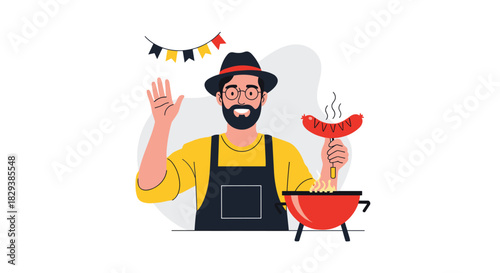 Man in hat and apron grilling a sausage over a barbecue with festive bunting overhead.