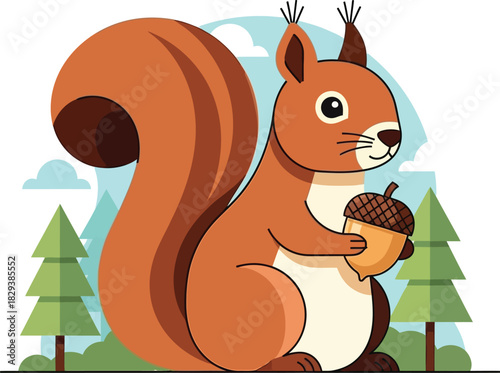 Cute cartoon squirrel character holding a single acorn.