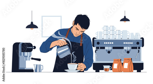 A skilled male barista pours steamed milk into a cup to create latte art, surrounded by professional coffee-making equipment in a modern cafe setting.