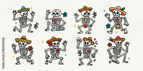 Funny Dancing Skeletons Vector Set with Sombreros and Guitars for Dia De Los Muertos Celebration