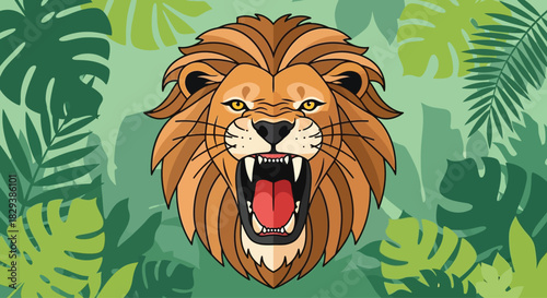 Fierce roaring lion head with a majestic mane illustration.