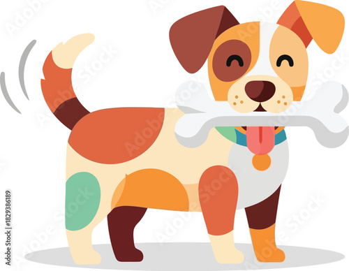 Happy spotted cartoon dog carrying a big bone and wagging its tail.