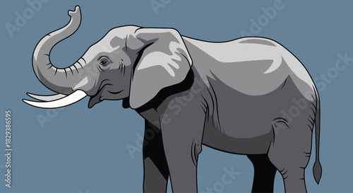 Majestic gray African elephant illustration with raised trunk and tusks.