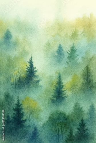 霧がかった針葉樹の森のやわらかい水彩パステル画