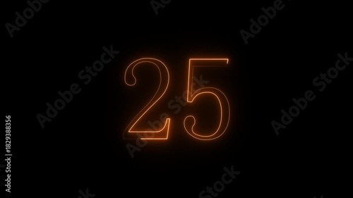 Bright orange neon number twenty five glowing on a dark black background with a futuristic feel
