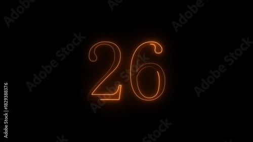 Glowing neon number twenty six in orange outline against a dark black background digital art