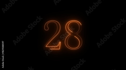 Glowing orange neon number twenty eight illuminated against a dark black background with a futuristic feel