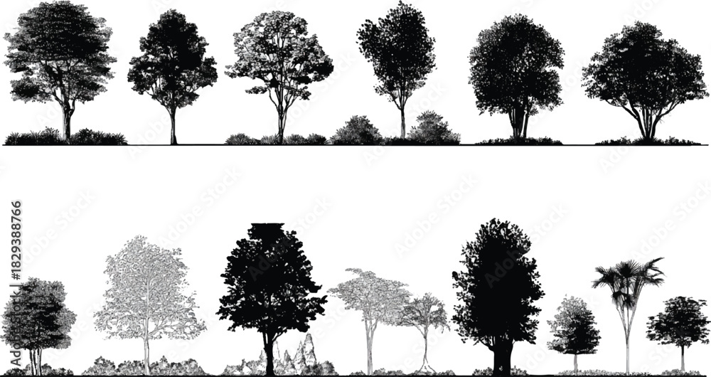 Fototapeta premium Collection of black and white line drawing trees and bushes in two rows plant