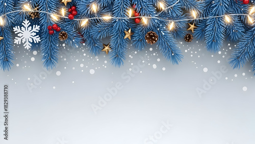 Blue Christmas Garland with Lights & Ornaments - Winter Holiday Border Background