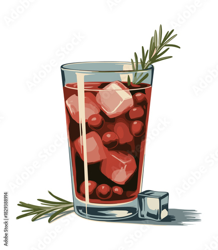 Digital vector illustration of a tall sangria glass with red cherries, ice cubes, and rosemary garnish. Minimalist modern style on transparent background with clean shadows and graphic design.