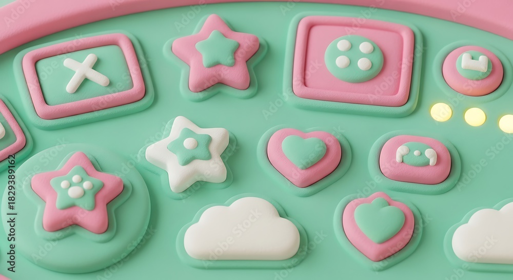 Naklejka premium Close up of a childrens toy with pink and green shapes and lights