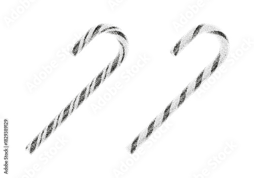 Dotted grain gradient candy canes. Christmas and New Year symbols with rough noisy sand dotted texture. Vector gritty candy canes with black particle and stipple effect for banner, poster, cover.
