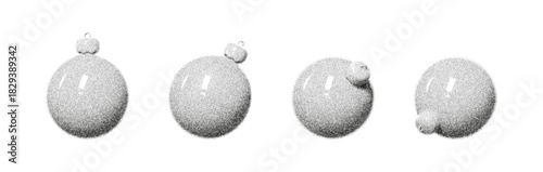 Dotted grainy Christmas decorative balls. Vector holiday balls with rough noisy sand dotted texture isolated on white background. Decorative elements with stipple effect.
