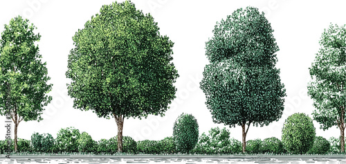 Row of diverse green trees and bushes against white background foliage nature