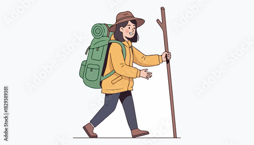 Cartoon illustration of a smiling woman hiking with a large backpack and walking stick against a white background.