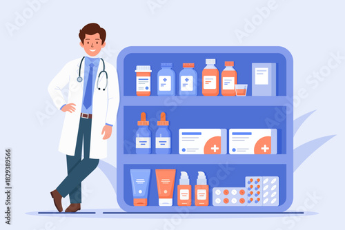 Smiling male doctor or pharmacist standing next to a fully stocked pharmacy shelf with various medications and health products. Drugstore service illustration concept.