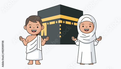 Cartoon illustration of a boy and a girl in white ihram clothing standing in front of the Kaaba, smiling and welcoming.
