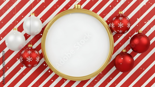 Red & White Christmas Ornaments with Golden Circle Frame Mockup - Holiday Card Template
